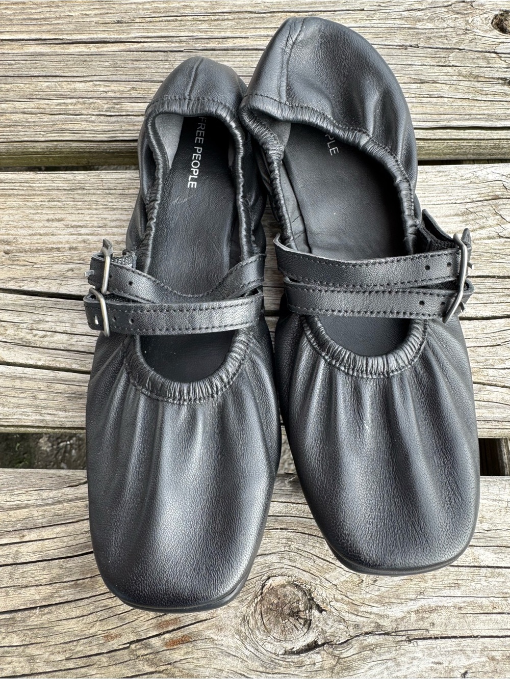 NWOT Free People Black Leather Mary Jane Ballet Flats with Buckle Strap
